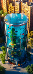 Big city abstract aquarium. Illustration fish building architecture. generative ai.