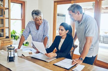 Wall Mural - Financial advisor, paperwork and senior couple with bills, documents and life insurance for planning. Retirement, pension and elderly man and woman with consultant for mortgage, payment or investment