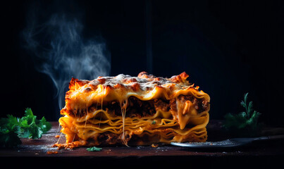 Delicious restaurant cheesy lasagna. Cooked italian tasty lunch. generative ai.