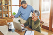 © Tamani Chithambo/peopleimages.com - Finance, stress and senior couple on laptop with bills, paperwork and documents for life insurance. Retirement, pension and elderly man and woman with doubt for mortgage payment, investment or budget