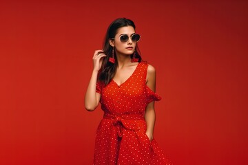 Stylish Indian woman in summer fashion trend dotted red dress posing on red generative ai