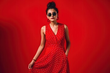 Stylish Indian woman in summer fashion trend dotted red dress posing on red generative ai