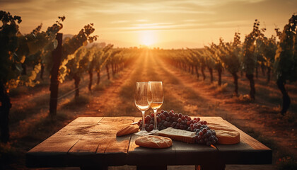Sunset picnic on a vineyard table with wine generated by AI