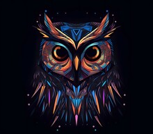 A Neon Owl On A Dark Background In The Style Of Pointalism