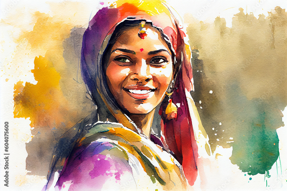 A stunning illustration of a beautiful Indian woman adorned in vibrant ...