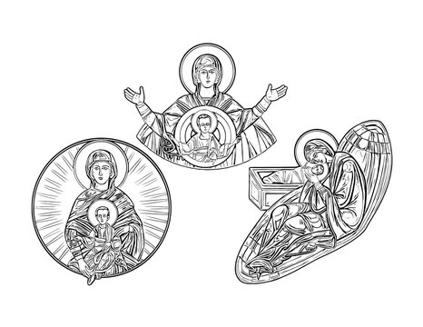 St. Maria with kind- Jesus. Illustration in Byzantine style, religious clip art. Coloring page on white background