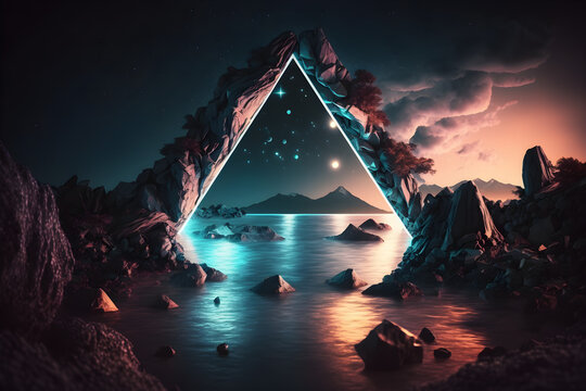 3d render, abstract neon background with triangular geometric frame and extraterrestrial landscape under the night sky. Rocks and water reflection. Futuristic minimalist wallpaper