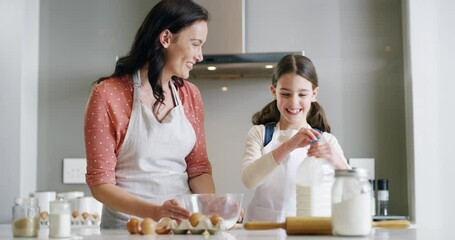 Wall Mural - Bake, family and a mom with her daughter learning about cooking in a kitchen for child development. Baking, children and ingredients with a woman teaching her female kid about sweet food preparation