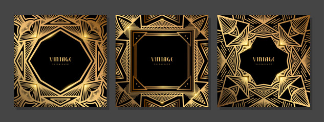 Set of luxury geometric linear template. Golden vintage frame. Art deco style gold background for banner, poster, cover. Retro line art with glitter, shine. Abstract minimalist gatsby style pattern