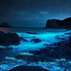 Wall Mural - Scenery of the seaside at night, blue light from seaweed organisms