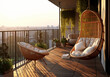 Balcony with hanging chair and flowering plants. Cozy seating area in modern apartment generative ai