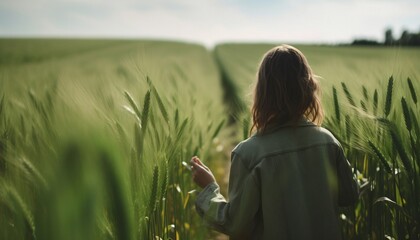 Wall Mural - View from Behind on a Young Woman Walking Thru the Young Green Wheat Generative AI