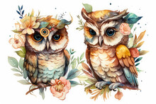 Two Cute Owls In Love Surrounded By Flowers On A Romantic Valentine's Day In A Hand-drawn Watercolor Style. Horizontal Postcard, Poster, Print. Generative AI