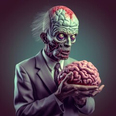 a zombie holding a human brain
