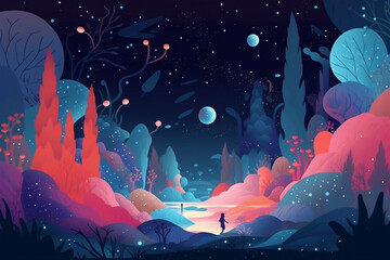 Sticker - Fantasy alien sci-fi scene, big color block illustration style