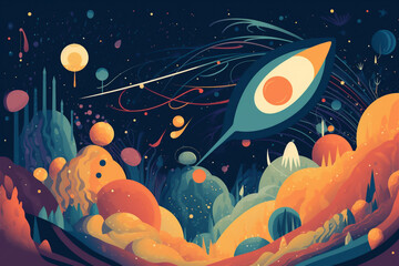 Sticker - Fantasy alien sci-fi scene, big color block illustration style