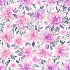  Seamless blooming flowers pattern in watercolor paint style