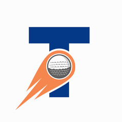 Letter T Golf Logo Concept With Moving Golf Ball Icon. Hockey Sports Logotype Symbol Vector Template