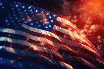 Wall Mural - USA national flag background. Festive banner with national american flag against fireworks for patriotic holiday celebrating. Created with Generative AI