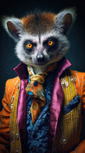 Lemur Monkey Dressed In An Elegant Suit With A Nice Tie. Fashion Portrait Of An Anthropomorphic Animal, Shooted In A Charismatic Human Attitude - Generative AI