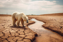 Polar Bear Looking For Water On The Desert Next To A Dried River