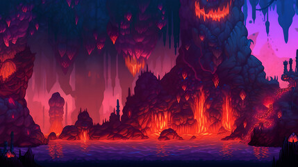 Wall Mural - RPG Gaming Battle Scene Volcano Dungeon in Pixel 8bits 16bits 32 bits Style