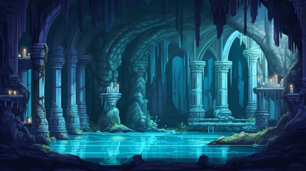 Wall Mural - RPG Gaming Battle Scene Underwater Dungeon in Pixel 8bits 16bits 32 bits Style