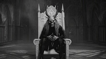 Demon Skeleton King With Horns Sitting On Throne Chair In Black And White Gothic Inspired, Generative AI , 