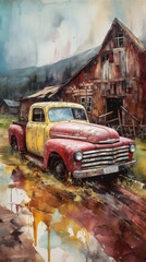 Canvas Print - Closeup old broken truck in front of dilapidated farm house. reddish-yellow