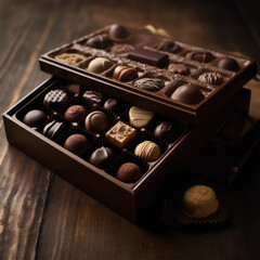 Sticker - Closeup box of assorted chocolates, on wooden table