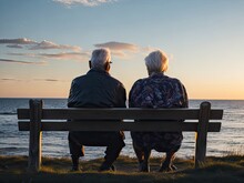 Elderly Couple Sitting On A Bench By The Ocean At Sunset. Ai Generative