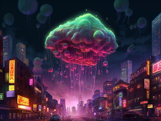 Wall Mural - A Surreal Illustration of Floating Bubblegum Clouds Illuminating a Neon Cityscape | Generative AI