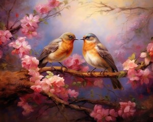 Naklejka na meble Robins in love share a tender moment on a flowering branch. (Generative AI)