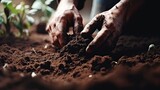 Fototapeta Uliczki - Gardeners hands planting and picking vegetable from backyard garden. Gardener in gloves prepares the soil for seedling. Generative AI