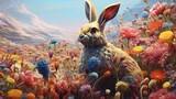 Fototapeta  - Bunny in field of wild flowers. Generative AI