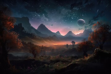 Wall Mural - landscape with galaxy background with fantasy night starry sky. distinct generative ai image.
