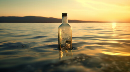 Bottle with a message in the sea at sunset. Generative Ai