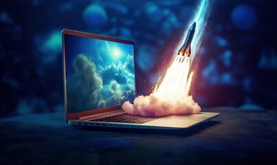 Rocket taking off from laptop screen, business and startup concept, blue background. Generative AI