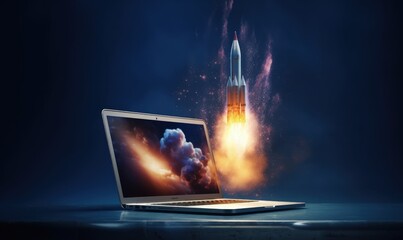 Rocket taking off from laptop screen, business and startup concept, blue background. Generative AI