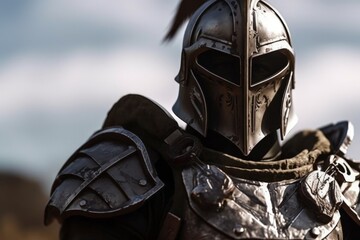 Wall Mural - Spartan warrior in armor, battlefield in the background, bokeh background. Generative AI