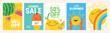 Summer Sale Banners And Posters. Set Of Vector Illustrations For Web And Social Media Banners, Print Material, Newsletter Designs, Coupons, Marketing.