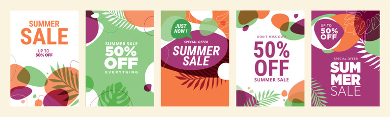 Wall Mural - Summer sale banners and posters. Set of vector illustrations for web and social media banners, print material, newsletter designs, coupons, marketing.