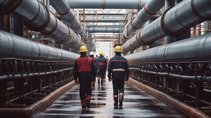 Wall Mural - oil workers walking along pipe in factory. generative ai