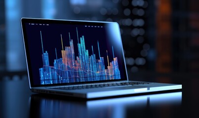 Bar chart on laptop screen. Generative AI