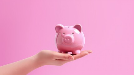 Hand holding pink piggy bank, investment concept. Generative AI