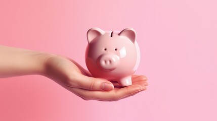 Hand holding pink piggy bank, investment concept. Generative AI