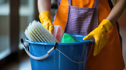 Close up Young Woman holds Bucket with Cleaning Equipment. Generative Ai