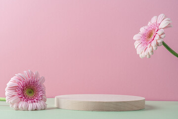 wooden round podium pedestal cosmetic beauty product presentation empty mockup on pink background wi