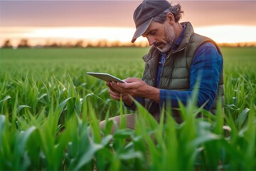 a modern farmer in a corn field using a digital tablet to review harvest and crop performance, esg c