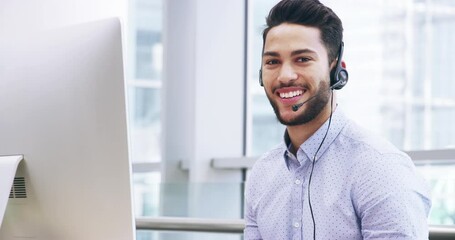 Wall Mural - Call center, face and happy man at computer in office for support, customer service and business consulting. Portrait, telemarketing agent and consultant at pc for telecom questions, advice and help